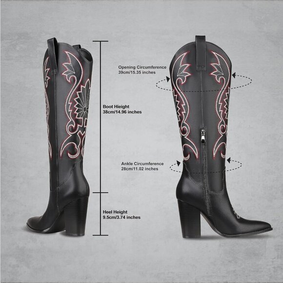 🆕Women Black Knee High Pointed Toe Chunky High Heels Pull-on Embroidered Boots - Picture 4 of 7